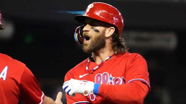 Philadelphia Phillies designated hitter Bryce Harper celebrates during Game 5 of 2023 NLCS